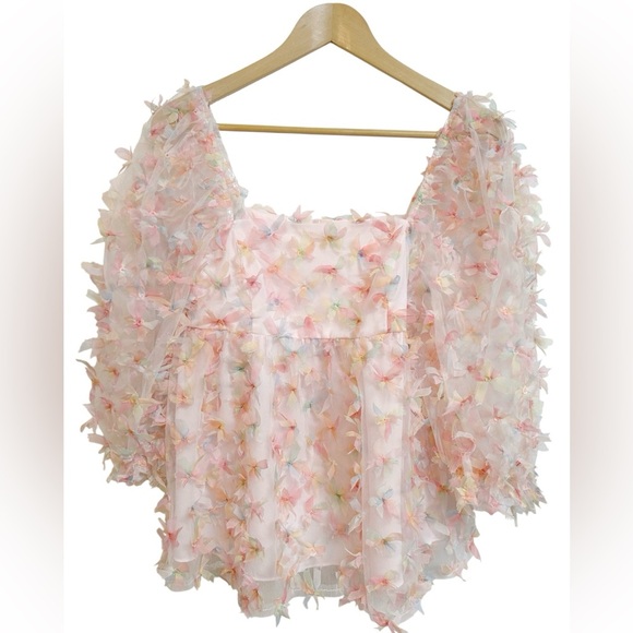Storia 3D Butterfly Kiss Baby Doll Mesh Sheer Top Pink Rainbow Women's Size M - Picture 1 of 12